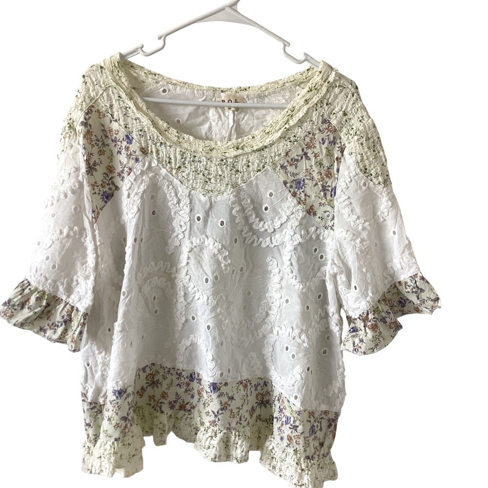 POL White Eyelet Peasant Blouse with Green Floral Trim